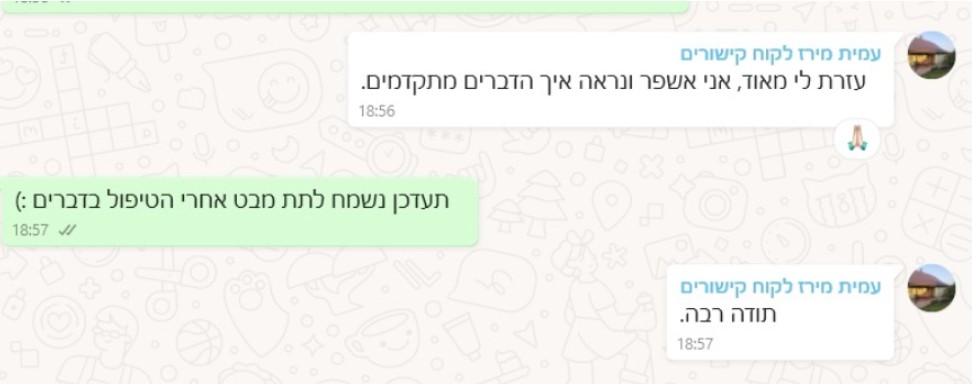 Screenshot of a WhatsApp message from a client, in Hebrew (names and phone numbers blurred): "You helped me a lot. Thank you"