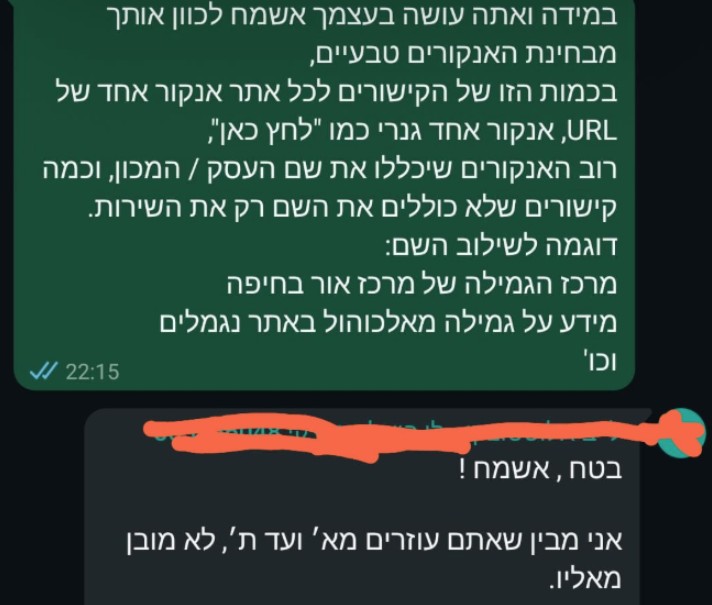 Screenshot of a WhatsApp message from a client, in Hebrew (names and phone numbers blurred): "I see you help with everything from A to Z. That's not a given"