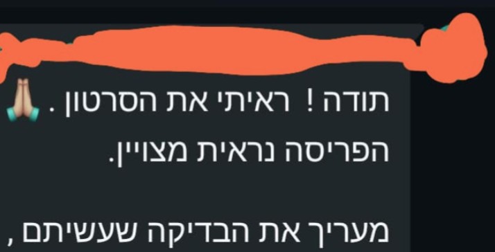 Screenshot of a WhatsApp message from a client, in Hebrew (names and phone numbers blurred): "Watched the video. The layout looks great, I appreciate the review you did"