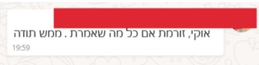 Screenshot of a WhatsApp message from a client, in Hebrew (names and phone numbers blurred): "I'm on board with everything you said. Thanks so much"