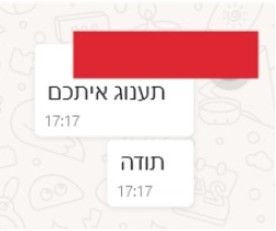Screenshot of a WhatsApp message from a client, in Hebrew (names and phone numbers blurred): "A pleasure working with you"