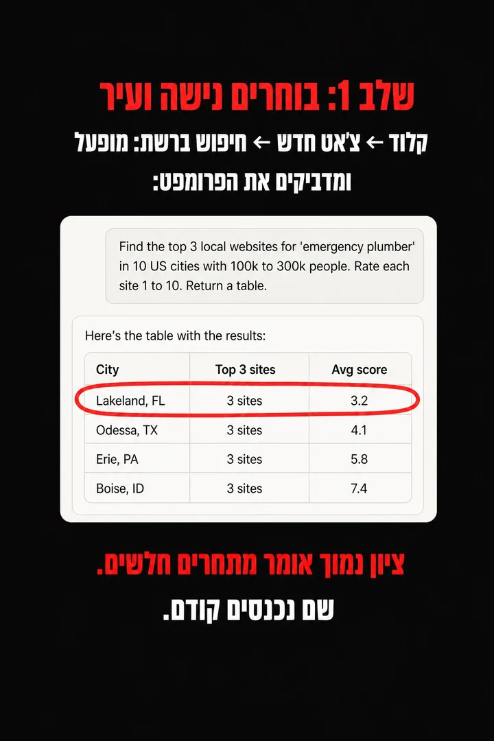 טבלת ערים בארה״ב עם ציון ממוצע לאתרי המתחרים שקלוד החזיר בשלב בחירת הנישה