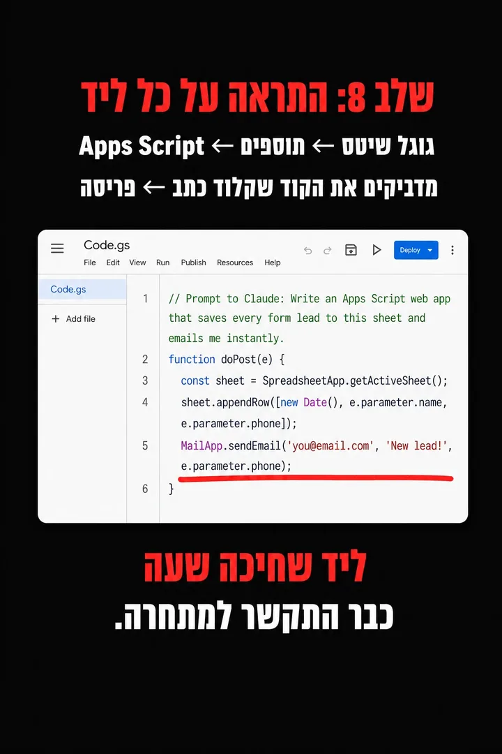 קוד Apps Script בגוגל שיטס ששומר כל ליד מהטופס בגיליון ושולח התראה במייל